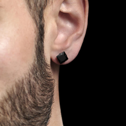 PAIRE DE BOUCLES D'OREILLES HOMME FEMME ADO TIGE FERMOIR ACIER PLAQUE NOIR CARRé ZIRCON DIAMS NOIRE NEUVE QK